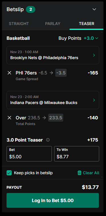 betslip on espn bet with a teaser