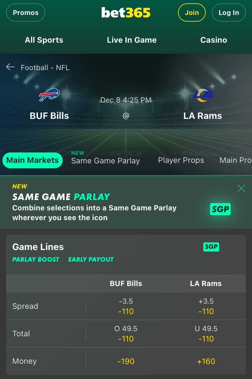 Bet365 odds for NFL week 14 Bills vs. Rams.