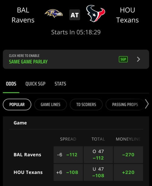 Ravens vs. Texans over/under example.