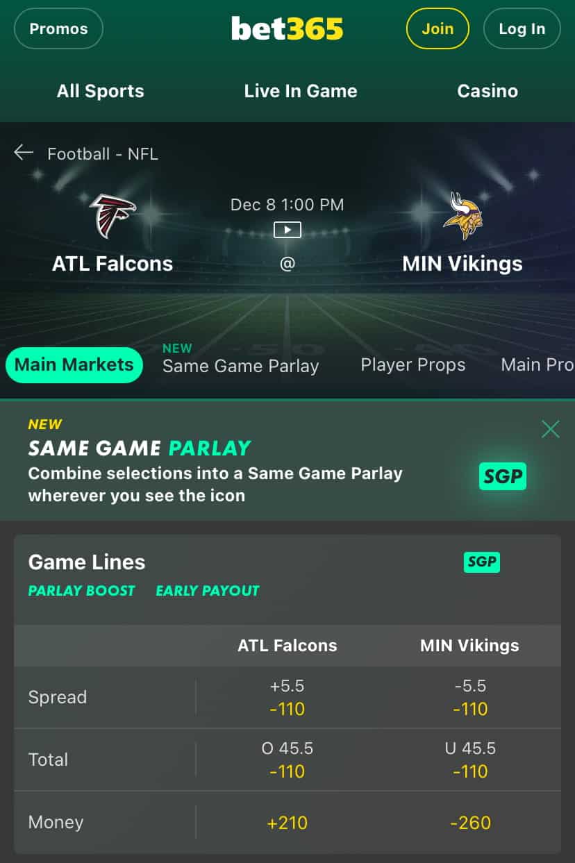 Falcons vs. Vikings NFL Week 14 odds from Bet365