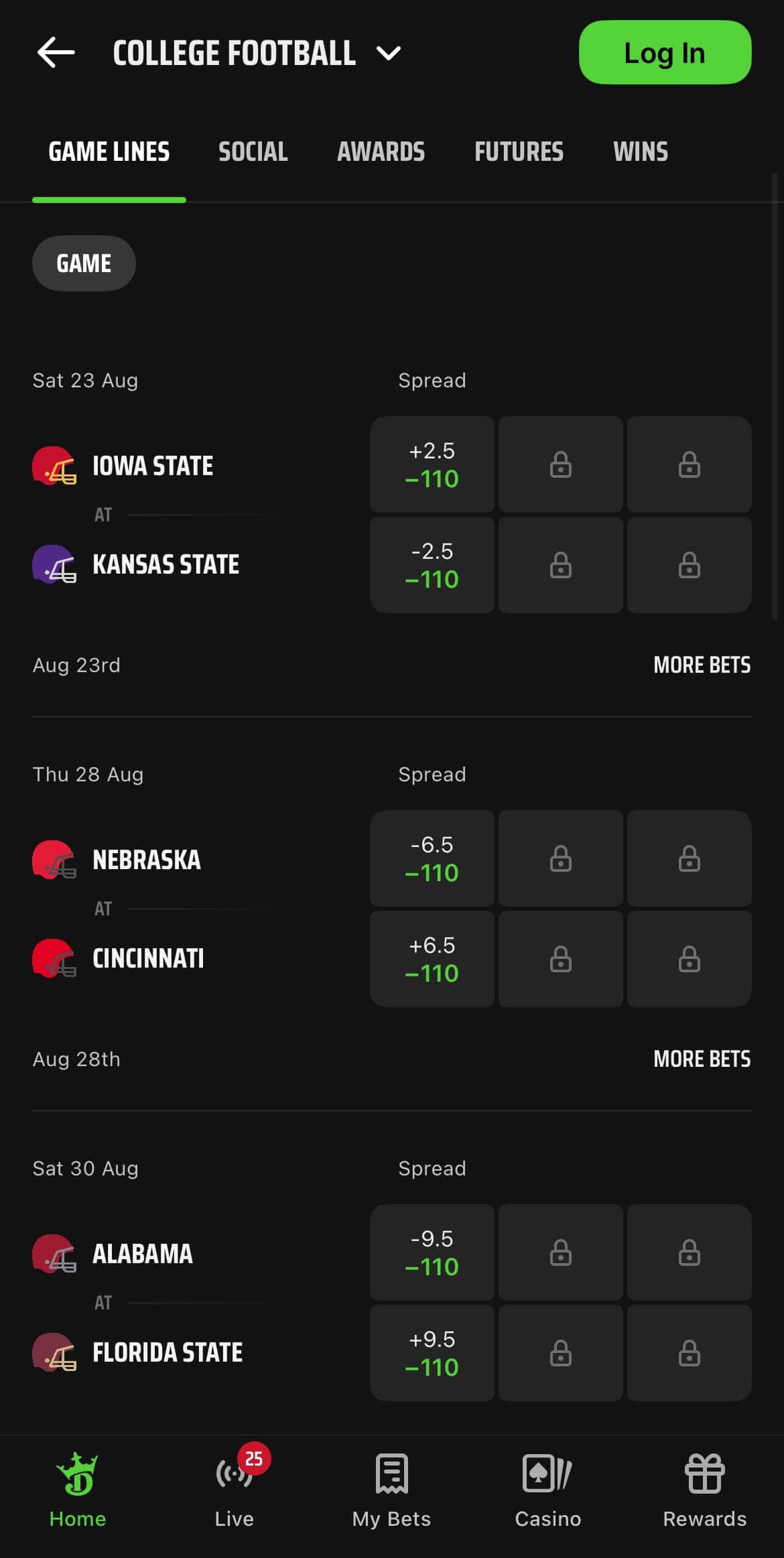 Early college football lines at draftkings sportsbook.