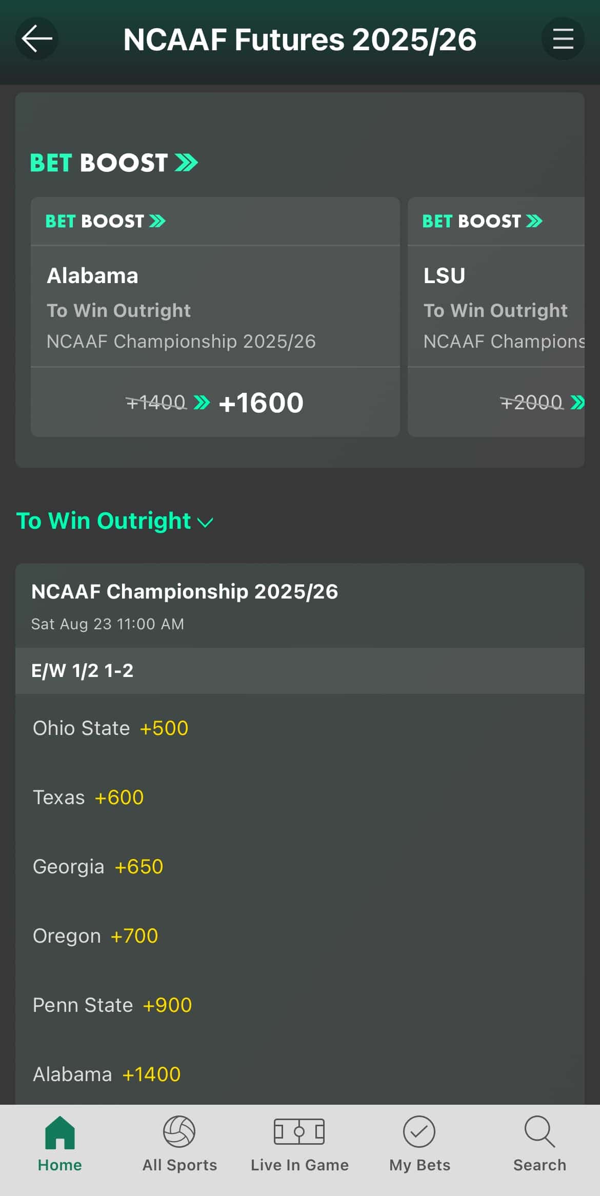 NCAAF futures and bet boosts at Bet365.