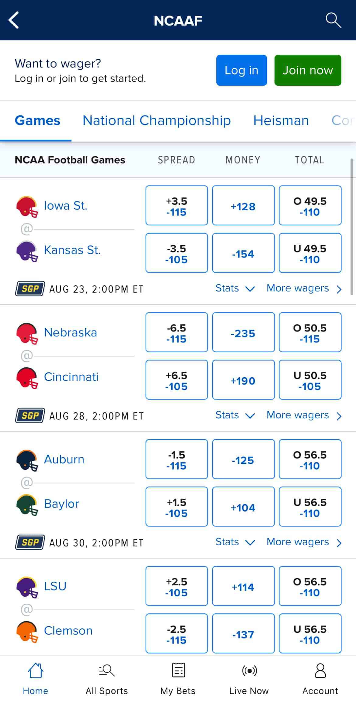 Early college football line releases and odds at FanDuel Sportsbook.