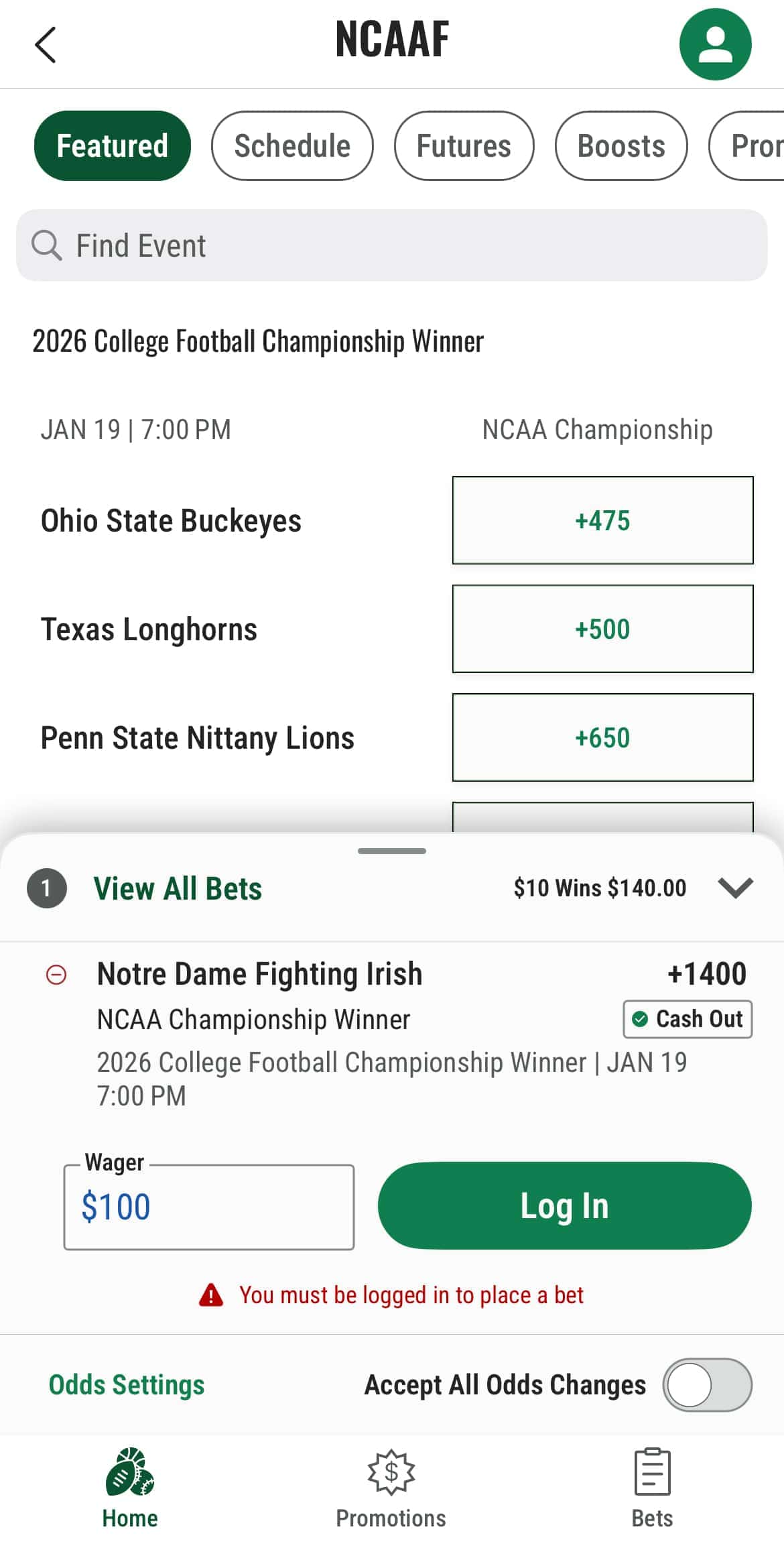 Caesars Sportsbook odds for 2026 College football national championship and example of wager in bet slip.