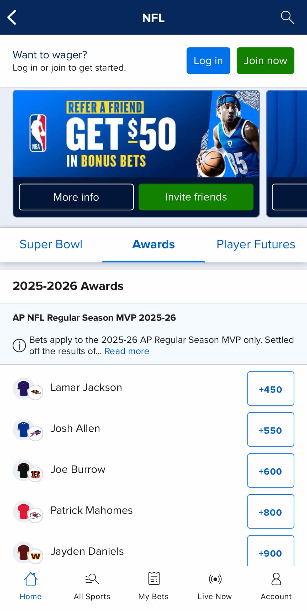 FanDuel 2025-26 NFL MVP odds
