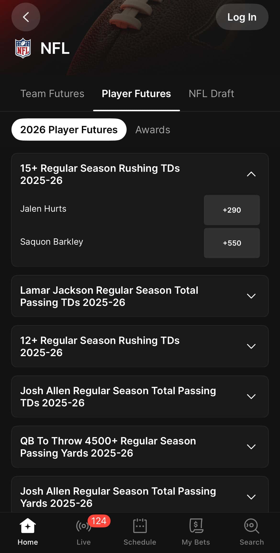 Fanatics sportsbook NFL player futures for 2026 odds.