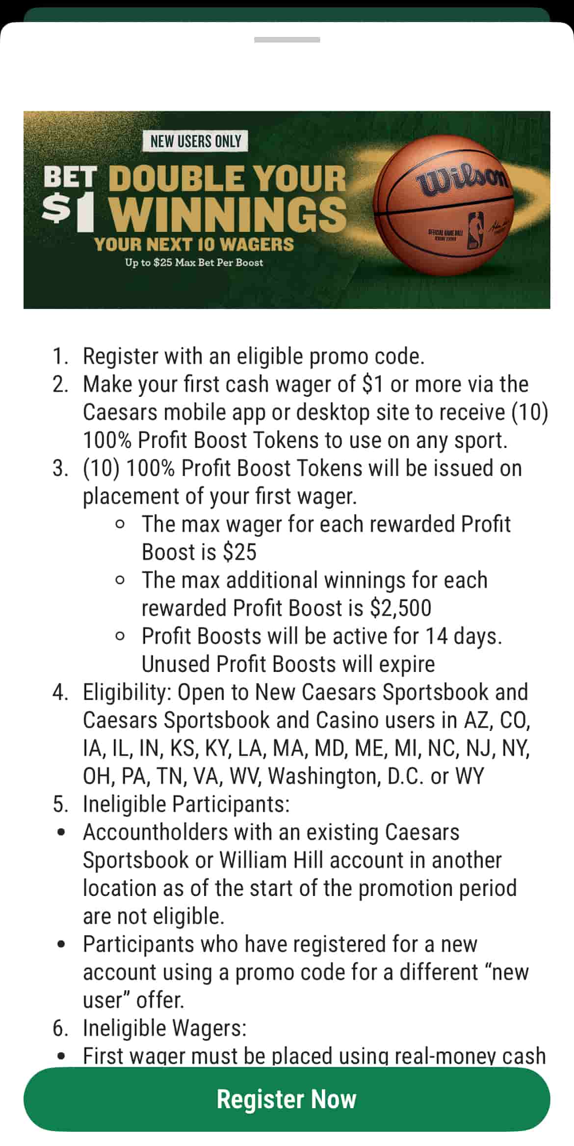 Caesars Double winnings sign up offer