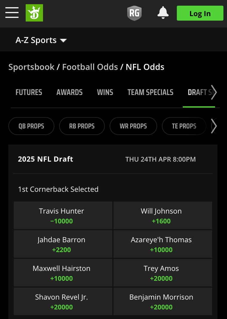 Travis Hunter NFL Draft odds at DraftKings