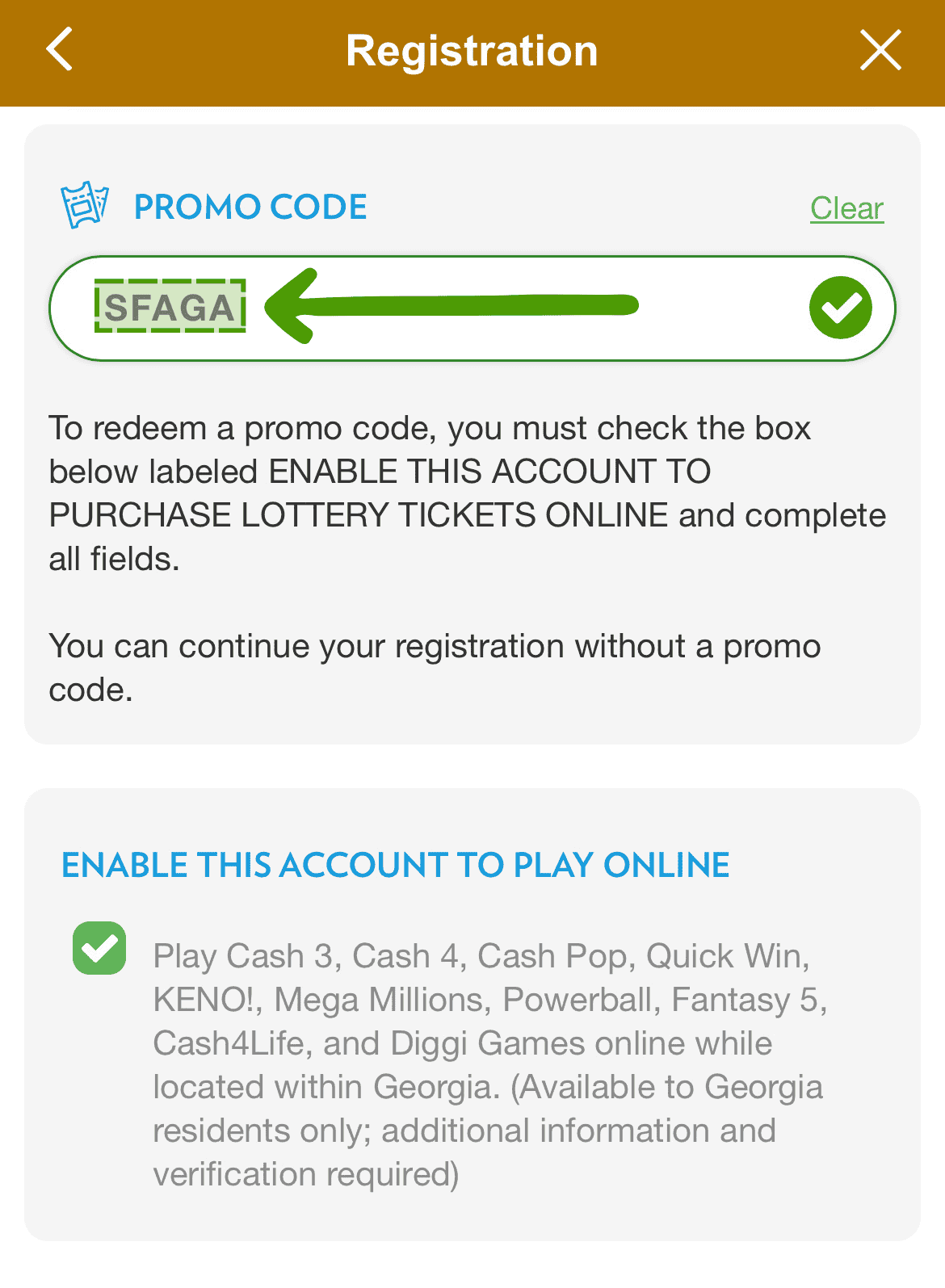 GA Lottery promo code field: how to claim the bonus at sign up.